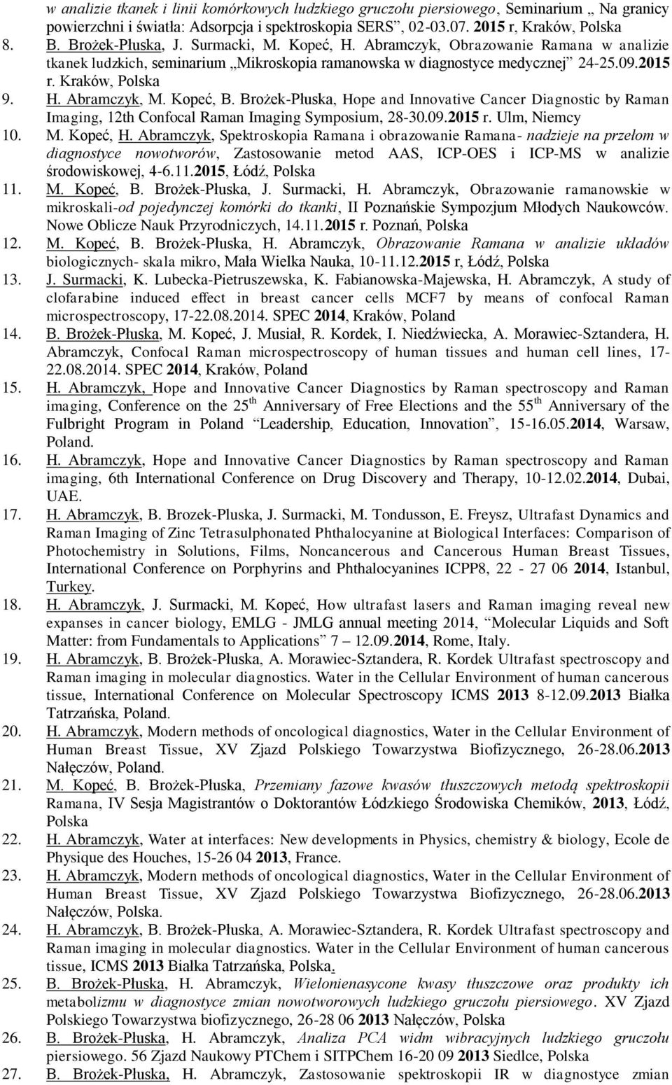 Kopeć, B. Brożek-Płuska, Hope and Innovative Cancer Diagnostic by Raman Imaging, 12th Confocal Raman Imaging Symposium, 28-30.09.2015 r. Ulm, Niemcy 10. M. Kopeć, H.