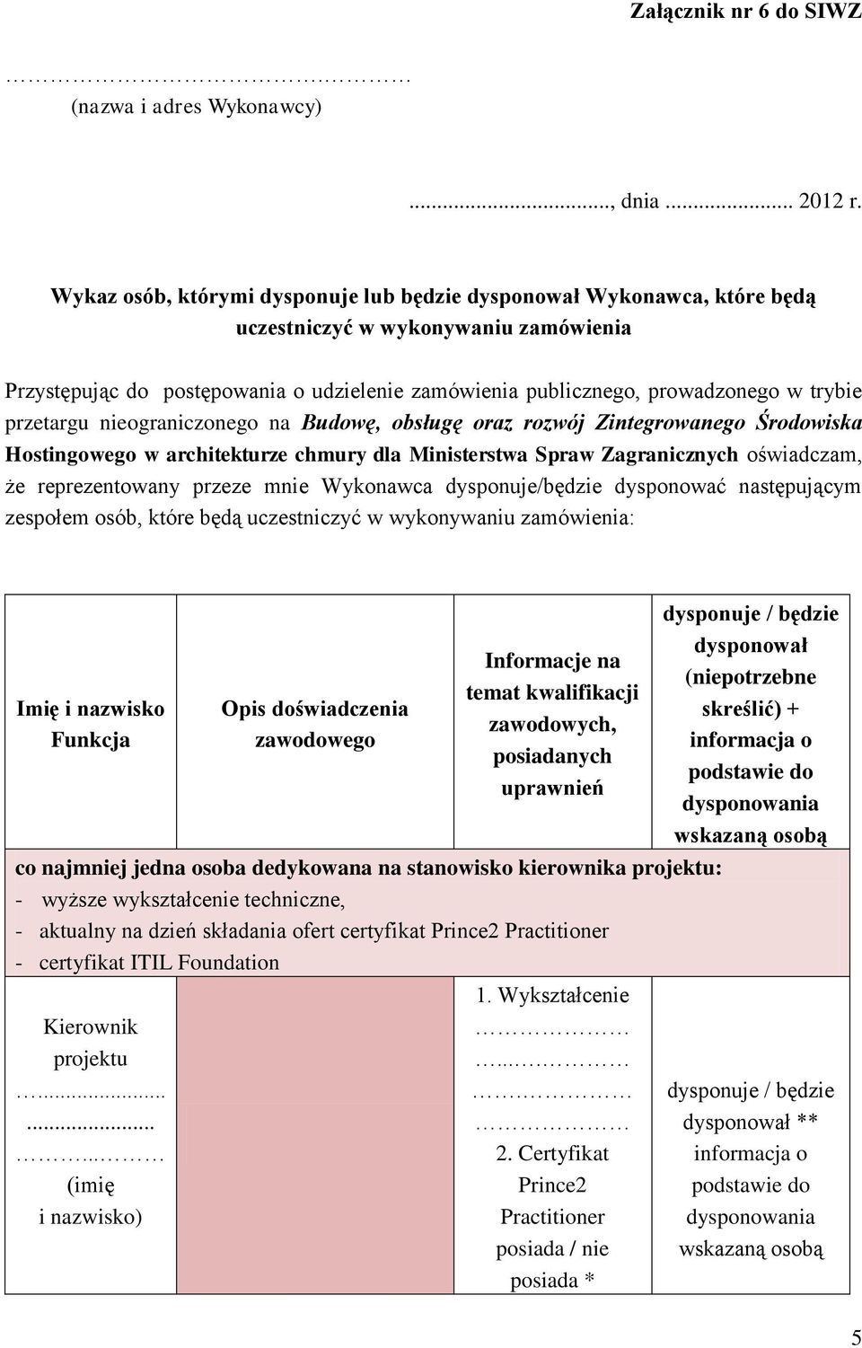 przetargu nieograniczonego na Budowę, obsługę oraz rozwój Zintegrowanego Środowiska Hostingowego w architekturze chmury dla Ministerstwa Spraw Zagranicznych oświadczam, że reprezentowany przeze mnie