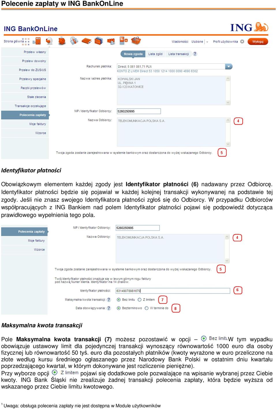 W przypadku Odbiorców współpracujących z ING Bankiem nad polem Identyfikator płatności pojawi się podpowiedź dotycząca prawidłowego wypełnienia tego pola.