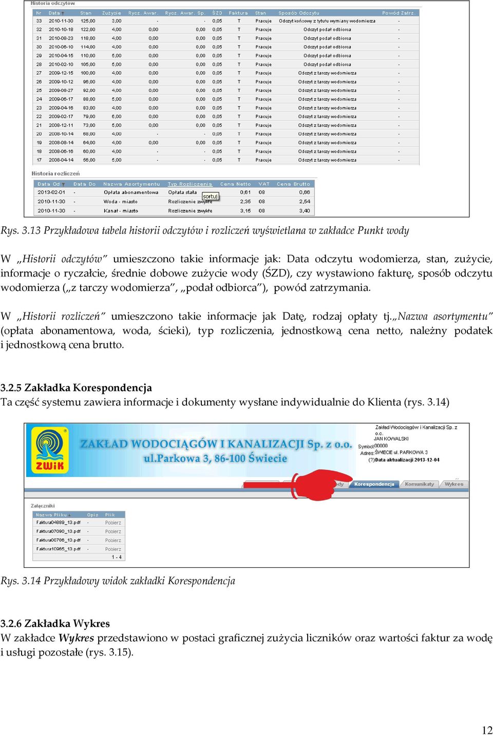 ryczałcie, średnie dobowe zużycie wody (ŚZD), czy wystawiono fakturę, sposób odczytu wodomierza ( z tarczy wodomierza, podał odbiorca ), powód zatrzymania.