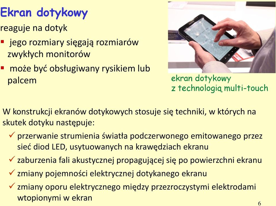 światła podczerwonego emitowanego przez sieć diod LED, usytuowanych na krawędziach ekranu zaburzenia fali akustycznej propagującej się po