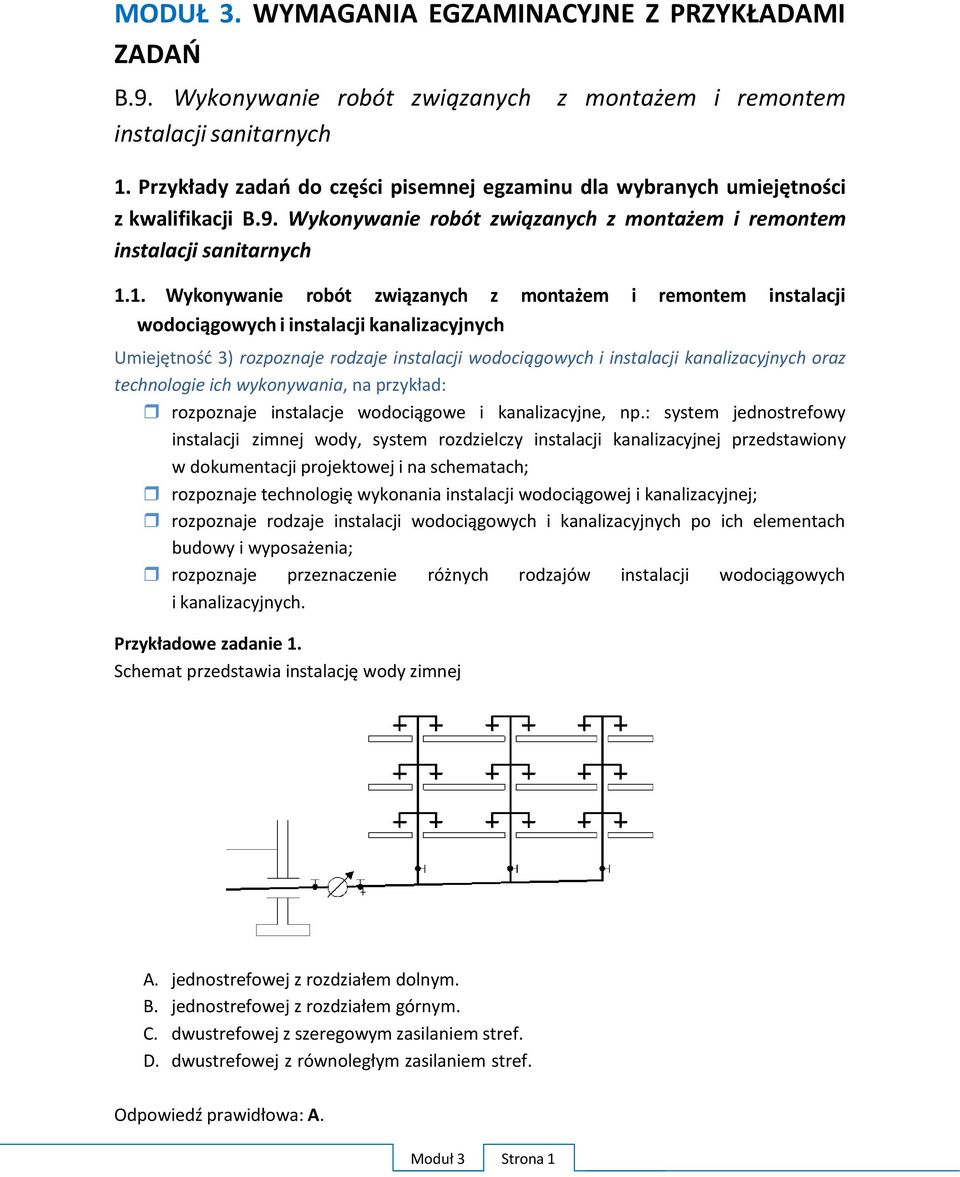 1. Wykonywanie robót związanych z montażem i remontem instalacji wodociągowych i instalacji kanalizacyjnych Umiejętność 3) rozpoznaje rodzaje instalacji wodociągowych i instalacji kanalizacyjnych