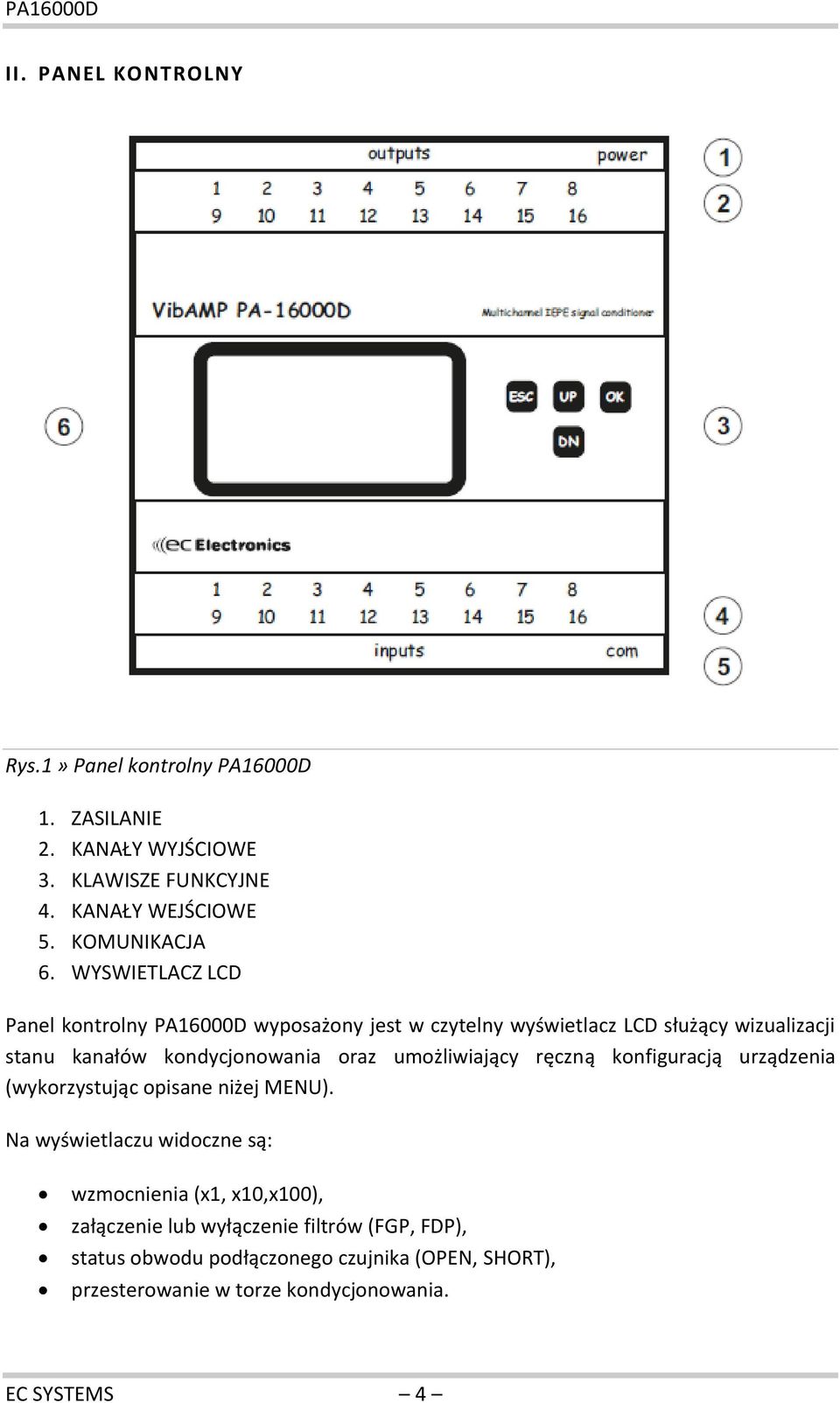 WYSWIETLACZ LCD Panel kontrolny PA16000D wyposażony jest w czytelny wyświetlacz LCD służący wizualizacji stanu kanałów kondycjonowania oraz