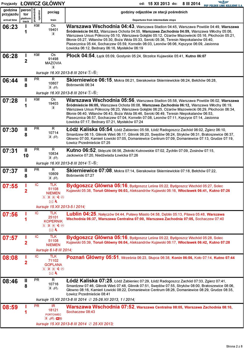 05:0, Warszawa Gołąbki 05:, Ożarów Mazowiecki 05:6, Płochocin 05:, Błonie 05:7, Witanów 05:30, Boża Wola 05:33, Seroki 05:36, Teresin Niepokalanów 05:40, Piasecznica 05:44, Sochaczew 05:59, Kornelin