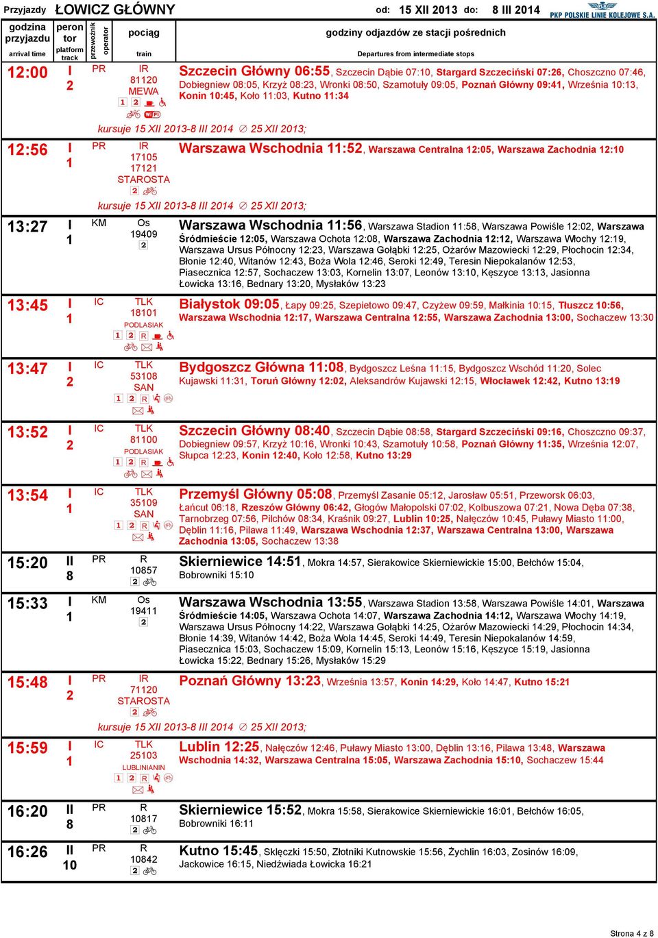 09:4, Września 0:3, Konin 0:45, Koło :03, Kutno :34 Warszawa Wschodnia :5, Warszawa Centralna :05, Warszawa Zachodnia :0 I 705 7 STAOSTA q kursue 5 XII 03- III 04 / 5 XII 03; 9409 0 PODLASIAK h l u a