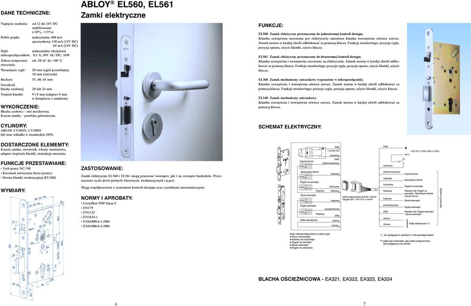 mm w komplecie z zamkiem) Blacha czo owa stal nierdzewna. Kaseta zamka pow oka galwaniczna. ABLOY CY304N, CY308D lub inne wk adki w standardzie DIN.
