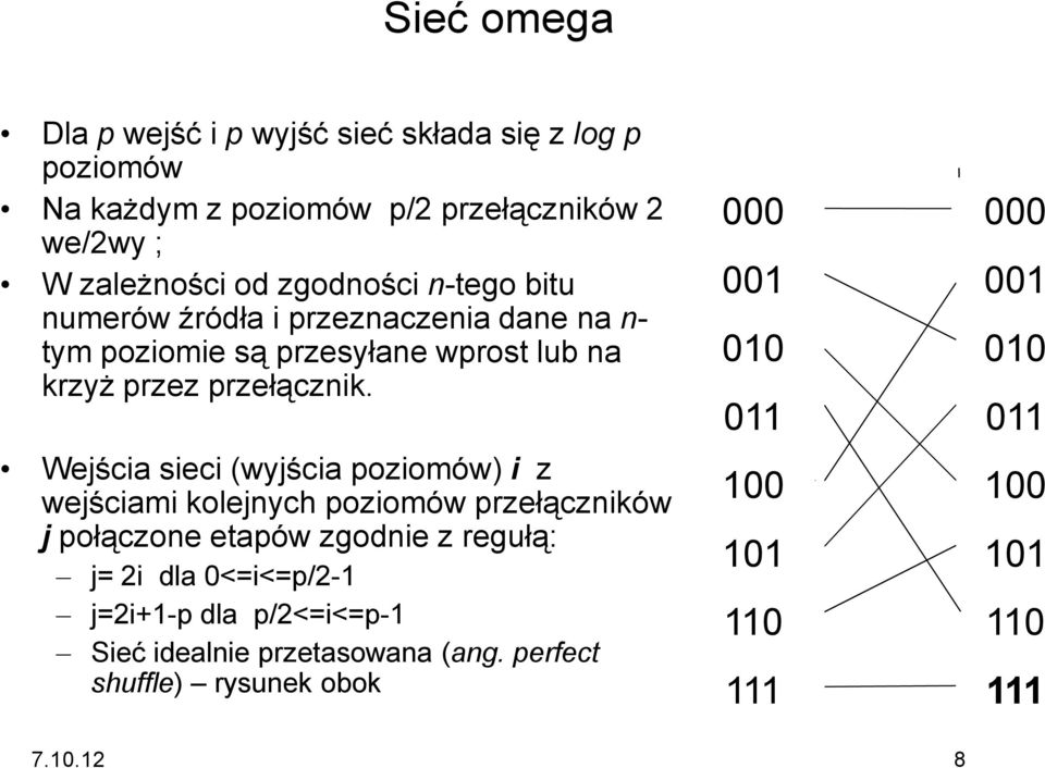Wejścia sieci (wyjścia poziomów) i z wejściami kolejnych poziomów przełączników j połączone etapów zgodnie z regułą: j= 2i dla
