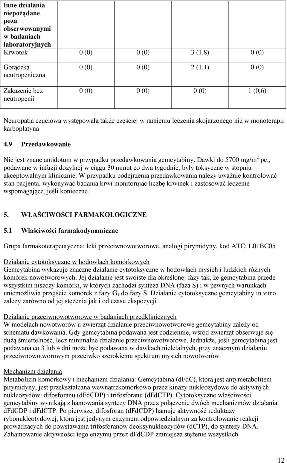 9 Przedawkowanie Nie jest znane antidotum w przypadku przedawkowania gemcytabiny. Dawki do 5700 mg/m 2 pc.