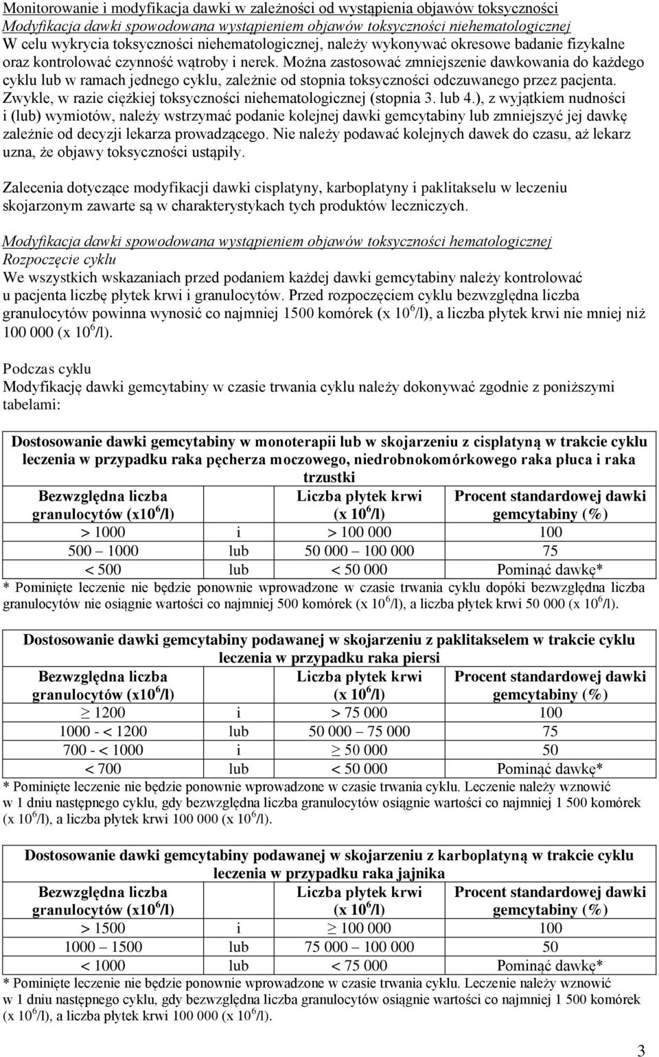 Można zastosować zmniejszenie dawkowania do każdego cyklu lub w ramach jednego cyklu, zależnie od stopnia toksyczności odczuwanego przez pacjenta.