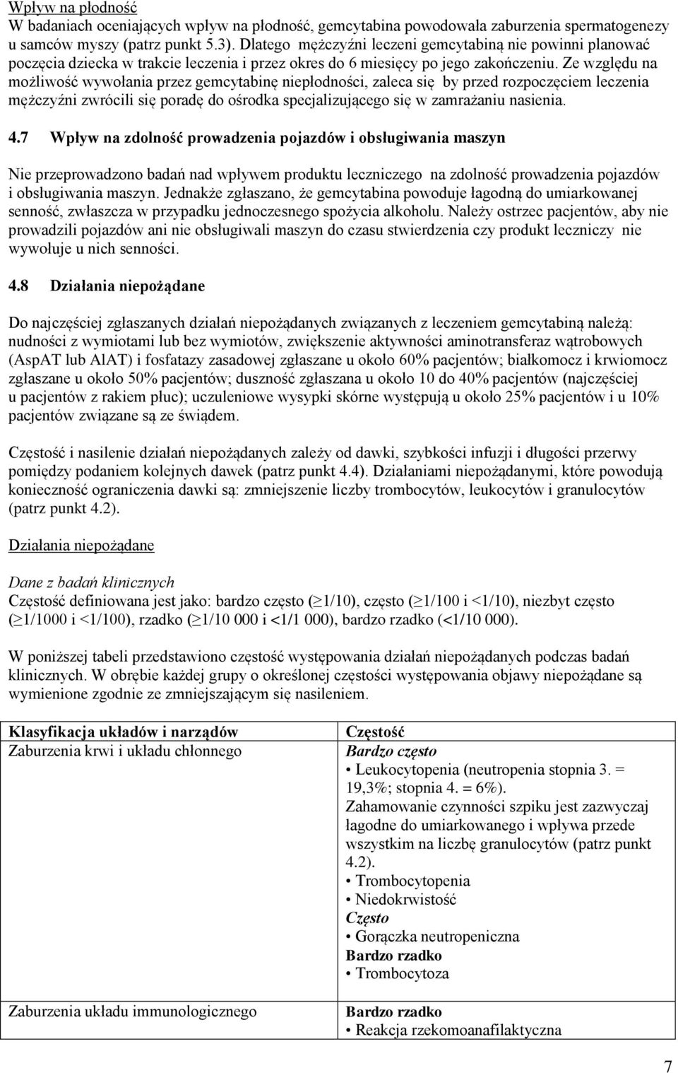 Ze względu na możliwość wywołania przez gemcytabinę niepłodności, zaleca się by przed rozpoczęciem leczenia mężczyźni zwrócili się poradę do ośrodka specjalizującego się w zamrażaniu nasienia. 4.