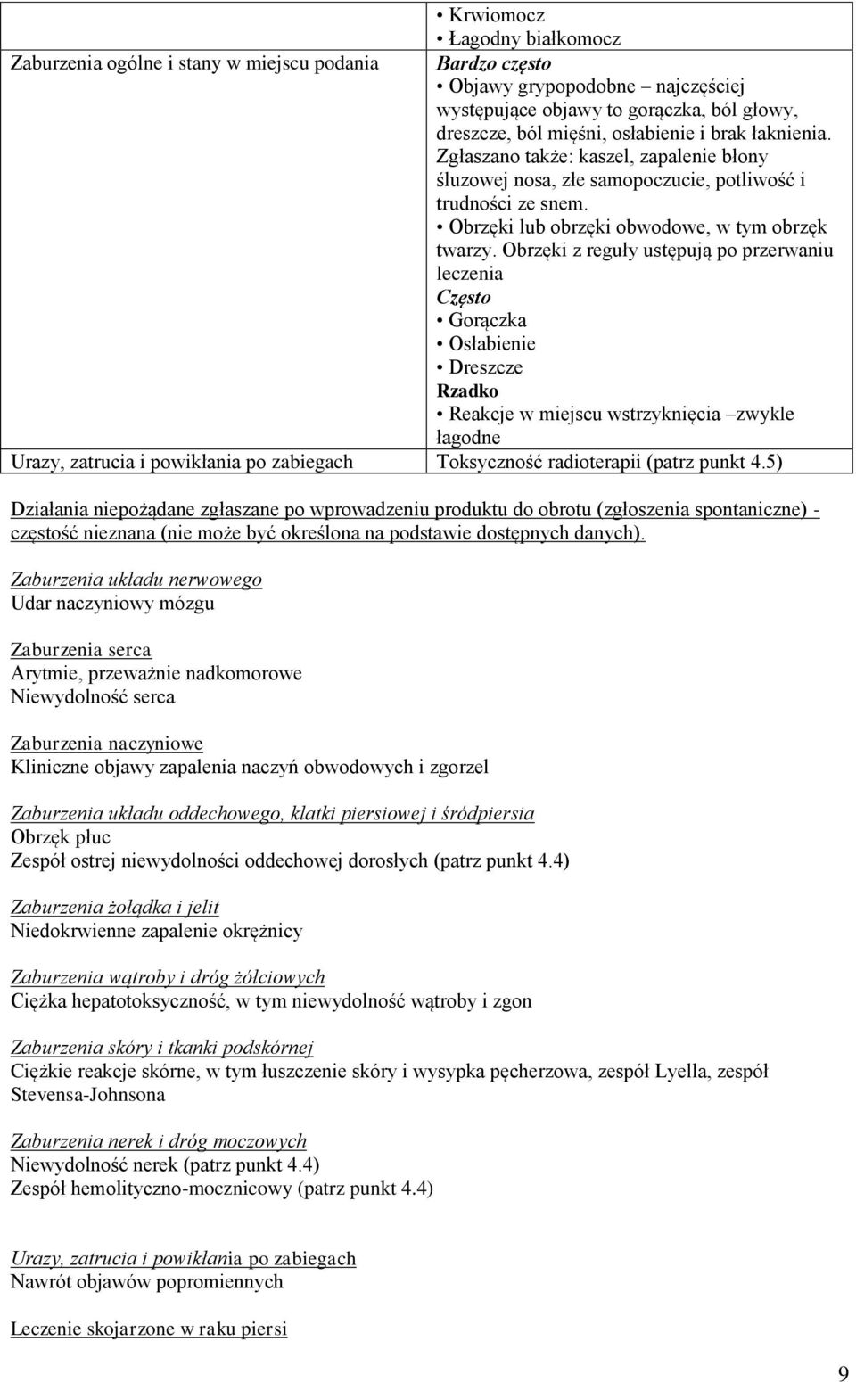 Obrzęki z reguły ustępują po przerwaniu leczenia Gorączka Osłabienie Dreszcze Rzadko Reakcje w miejscu wstrzyknięcia zwykle łagodne Urazy, zatrucia i powikłania po zabiegach Toksyczność radioterapii
