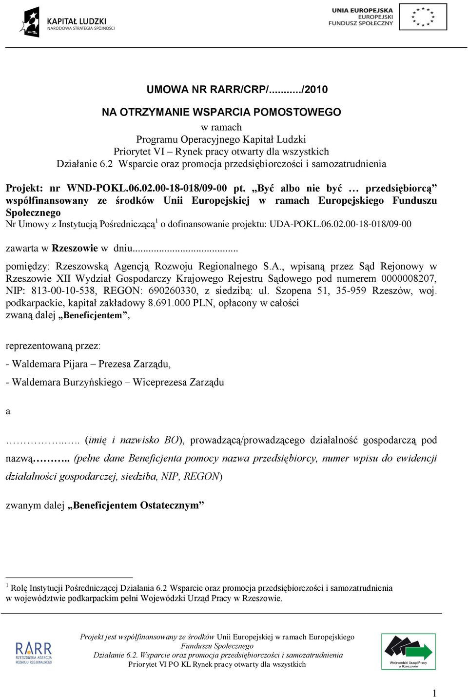 Być albo nie być przedsiębiorcą współfinansowany ze środków Unii Europejskiej w ramach Europejskiego Funduszu Społecznego Nr Umowy z Instytucją Pośredniczącą 1 o dofinansowanie projektu: UDA-POKL.06.