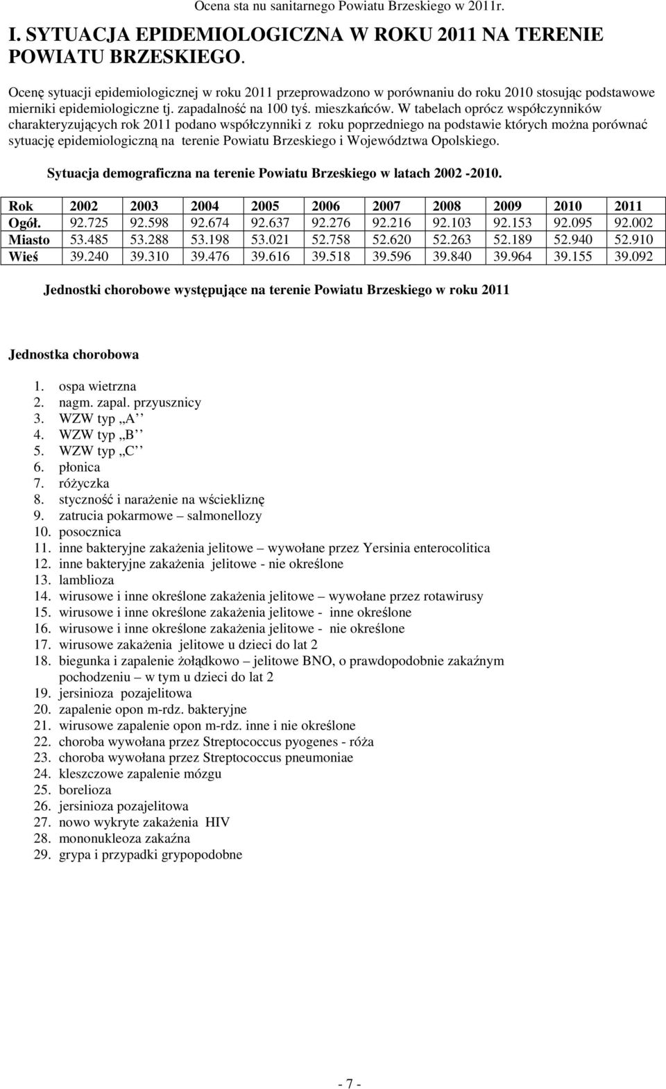 W tabelach oprócz współczynników charakteryzujących rok 2011 podano współczynniki z roku poprzedniego na podstawie których można porównać sytuację epidemiologiczną na terenie Powiatu Brzeskiego i