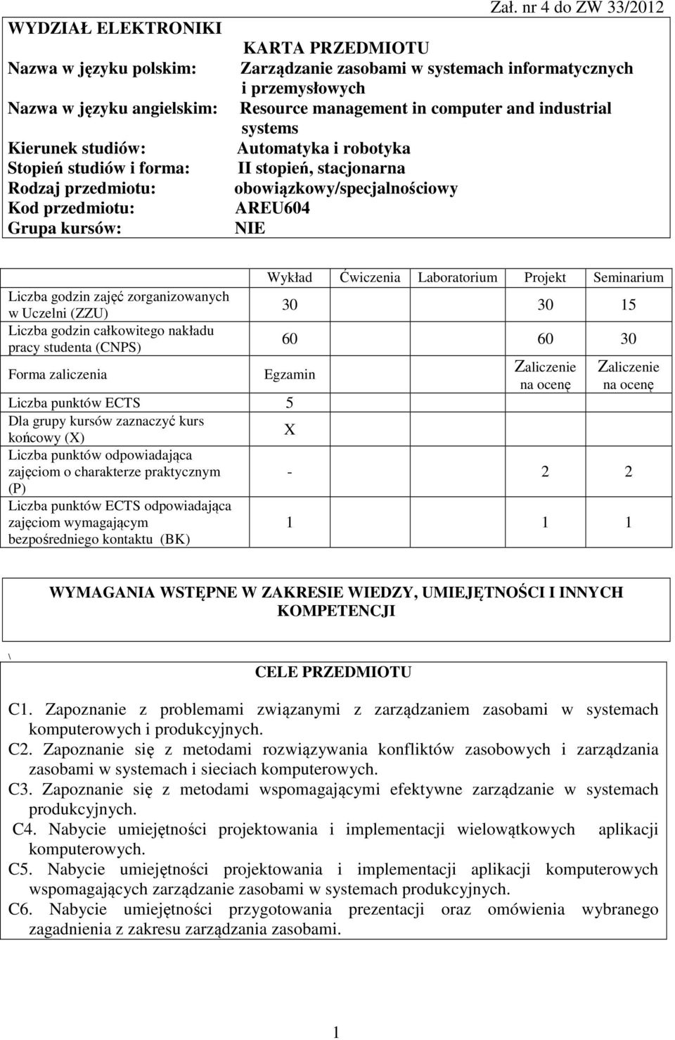 obowiązkowy/specjalnościowy AREU604 NIE Liczba godzin zajęć zorganizowanych w Uczelni (ZZU) Liczba godzin całkowitego nakładu pracy studenta (CNPS) Forma zaliczenia Wykład Ćwiczenia Laboratorium