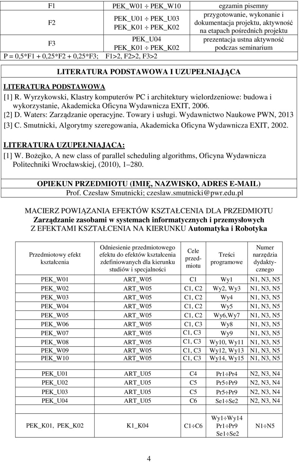 Wyrzykowski, Klastry komputerów PC i architektury wielordzeniowe: budowa i wykorzystanie, Akademicka Oficyna Wydawnicza EXIT, 006. [] D. Waters: Zarządzanie operacyjne. Towary i usługi.