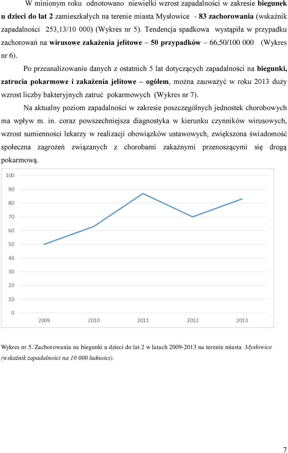 Po przeanalizowaniu danych z ostatnich 5 lat dotyczących zapadalności na biegunki, zatrucia pokarmowe i zakażenia jelitowe ogółem, można zauważyć w roku 2013 duży wzrost liczby bakteryjnych zatruć