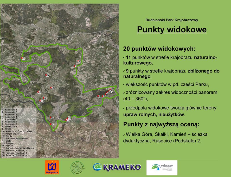 części Parku, zróżnicowany zakres widoczności panoram (40 360 ), przedpola widokowe tworzą głównie tereny