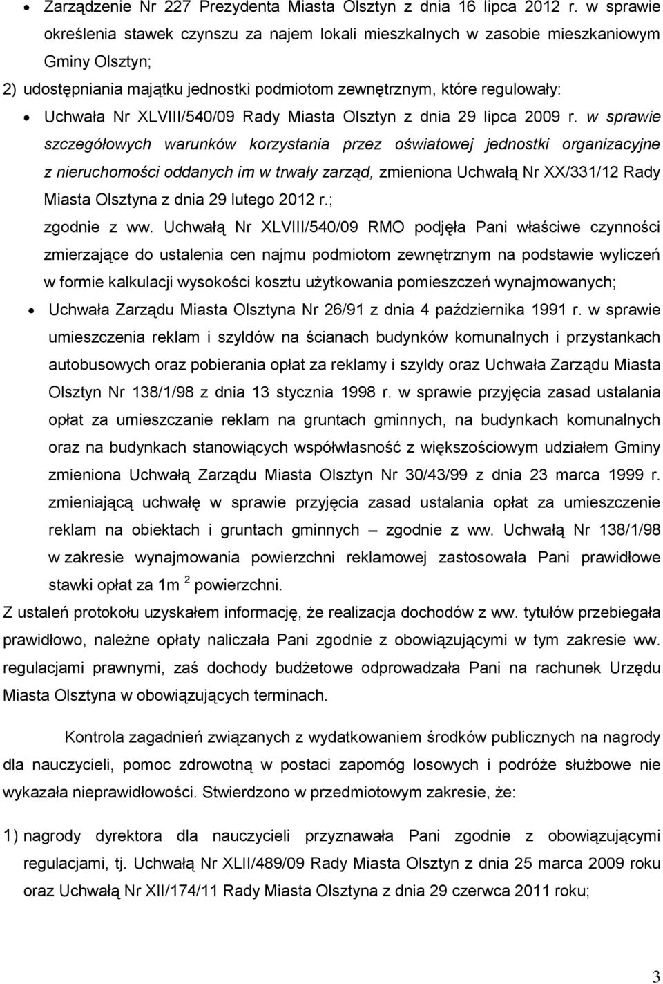 XLVIII/540/09 Rady Miasta Olsztyn z dnia 29 lipca 2009 r.