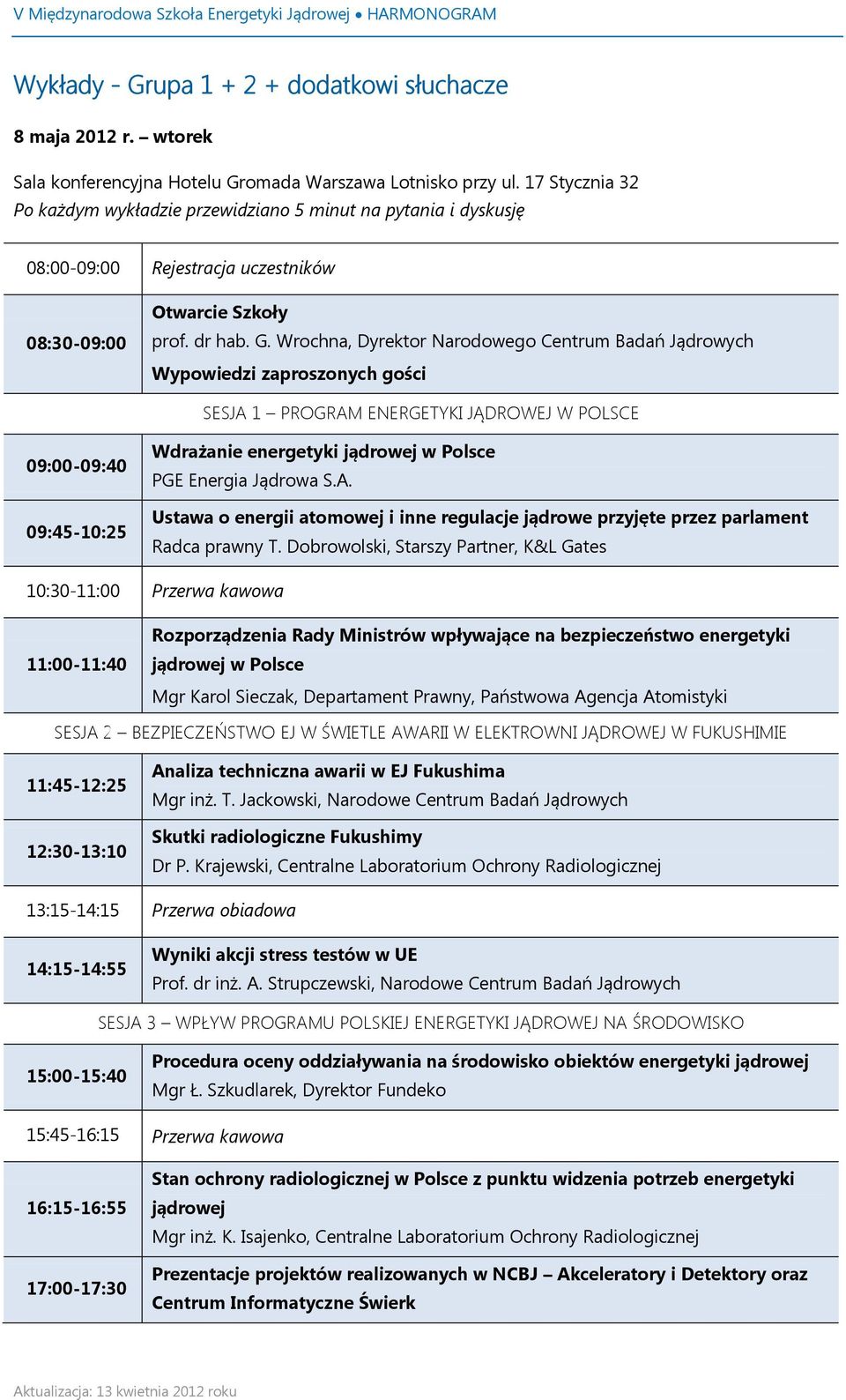 Wrochna, Dyrektor Narodowego Centrum Badań Jądrowych Wypowiedzi zaproszonych gości SESJA 1 PROGRAM ENERGETYKI JĄDROWEJ W POLSCE 09:00-09:40 09:45-10:25 Wdrażanie energetyki jądrowej w Polsce PGE