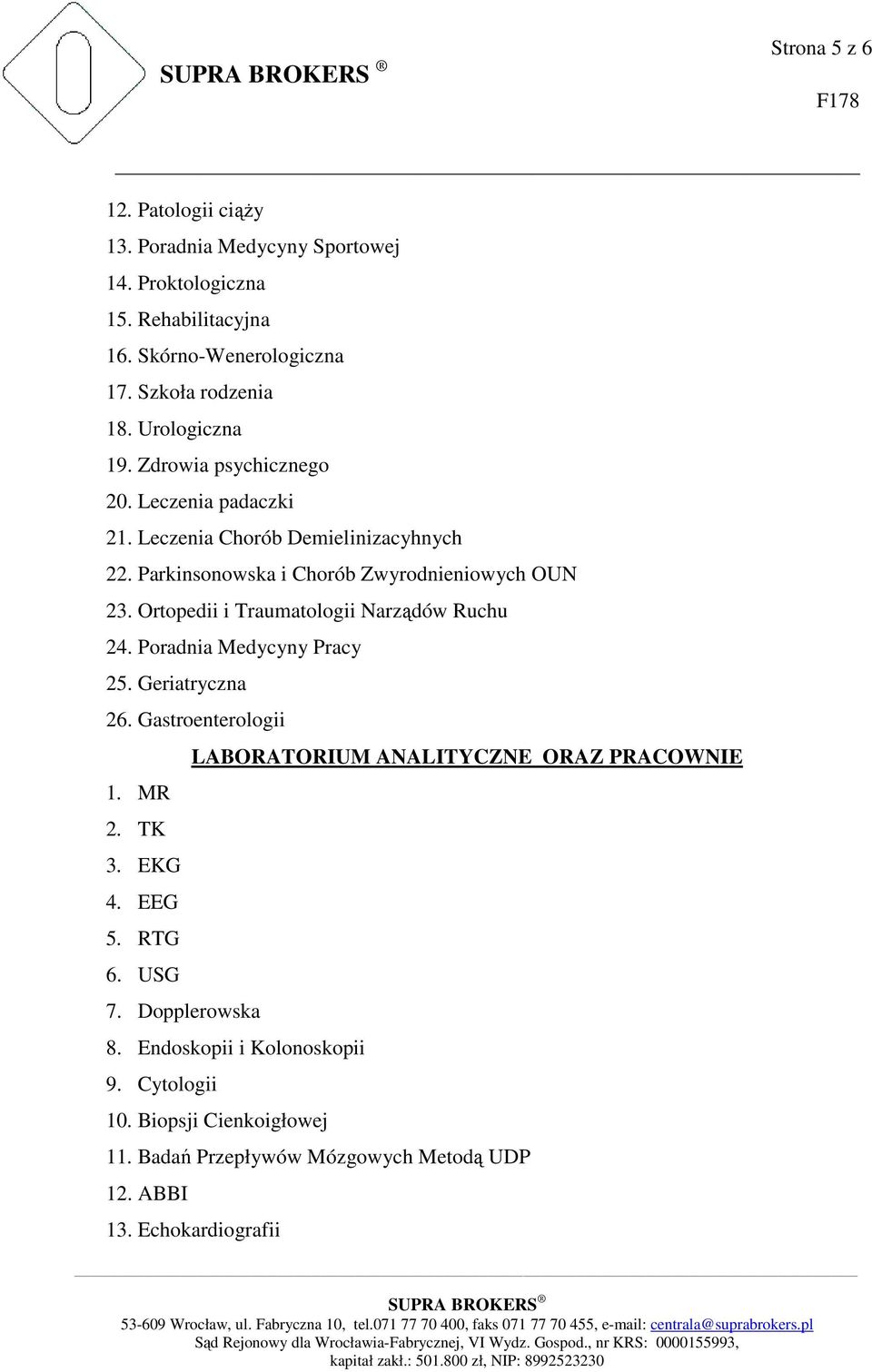 Ortopedii i Traumatologii Narządów Ruchu 24. Poradnia Medycyny Pracy 25. Geriatryczna 26. Gastroenterologii 1. MR 2. TK 3. EKG 4. EEG 5. RTG 6. USG 7.