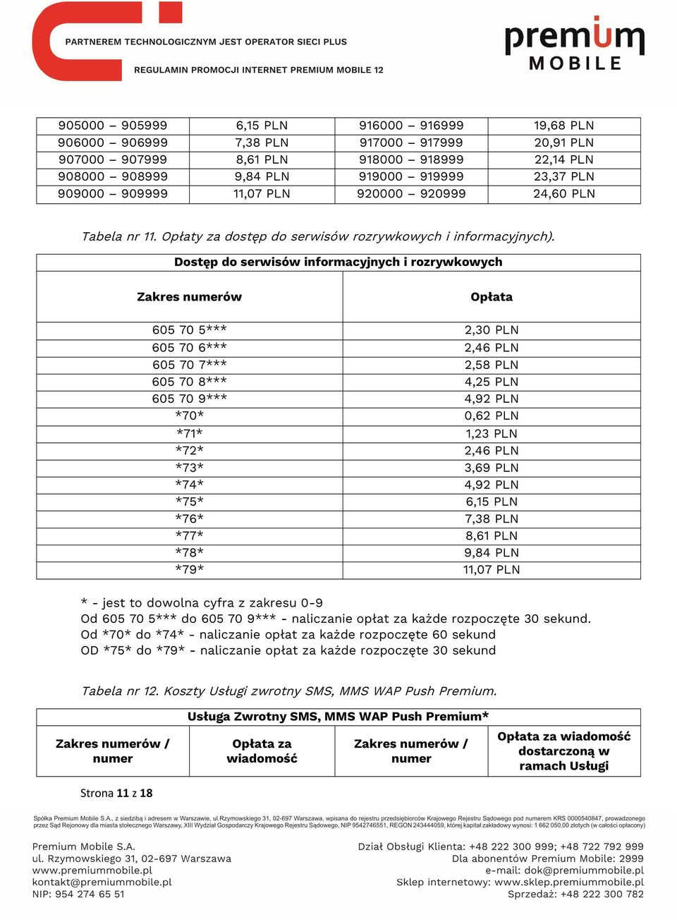 Dostęp do serwisów informacyjnych i rozrywkowych Zakres numerów Opłata 605 70 5*** 2,30 PLN 605 70 6*** 2,46 PLN 605 70 7*** 2,58 PLN 605 70 8*** 4,25 PLN 605 70 9*** 4,92 PLN *70* 0,62 PLN *71* 1,23