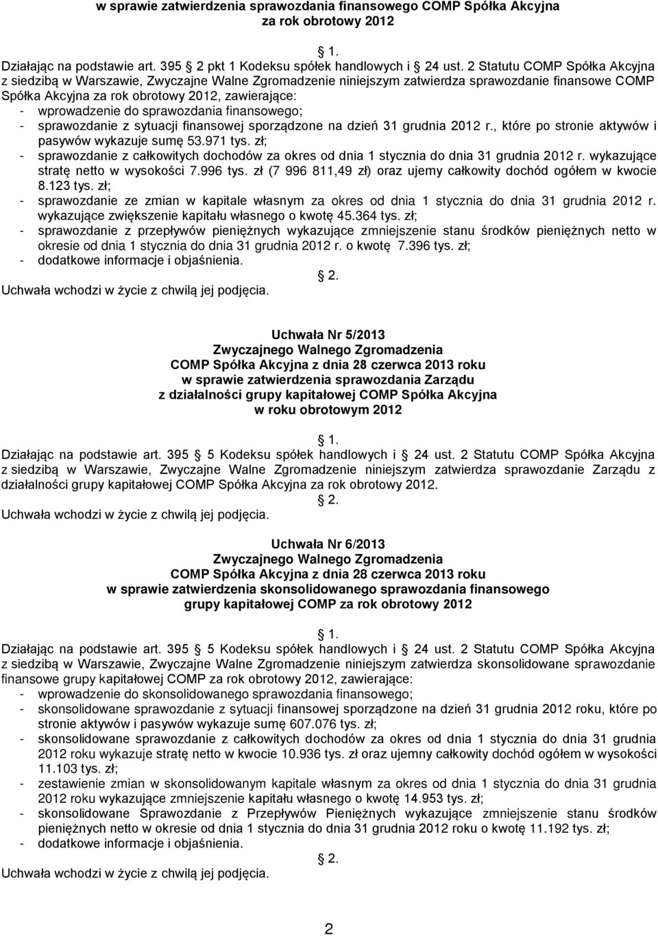 do sprawozdania finansowego; - sprawozdanie z sytuacji finansowej sporządzone na dzień 31 grudnia 2012 r., które po stronie aktywów i pasywów wykazuje sumę 53.971 tys.