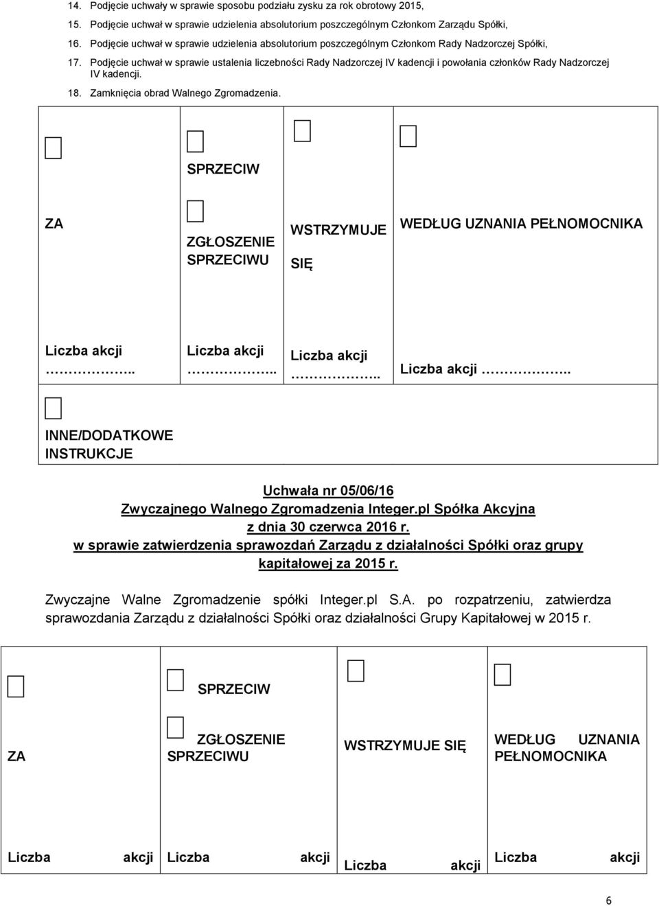 Podjęcie uchwał w sprawie ustalenia liczebności Rady Nadzorczej IV kadencji i powołania członków Rady Nadzorczej IV kadencji. 18. Zamknięcia obrad Walnego Zgromadzenia.