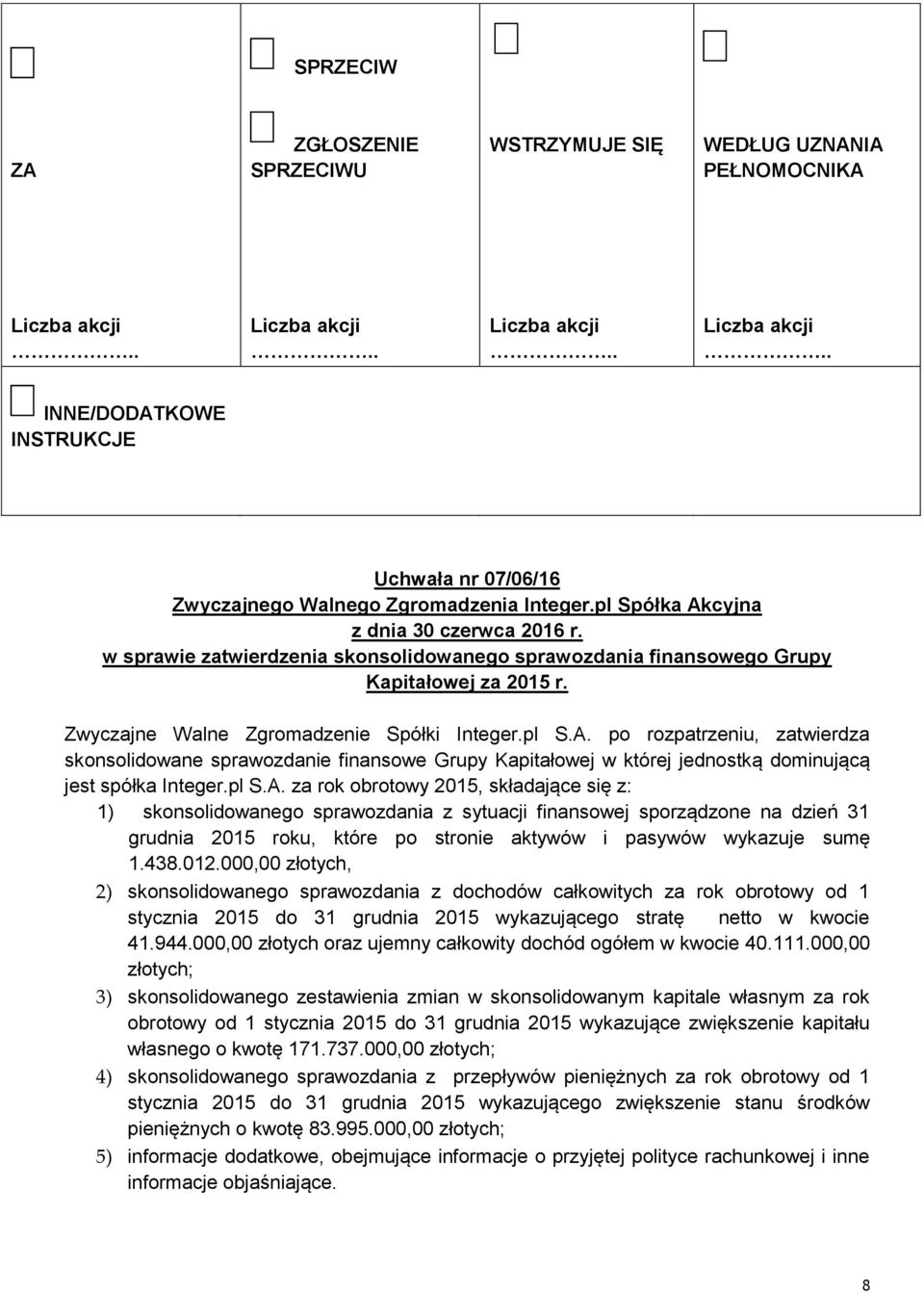 za rok obrotowy 2015, składające się z: 1) skonsolidowanego sprawozdania z sytuacji finansowej sporządzone na dzień 31 grudnia 2015 roku, które po stronie aktywów i pasywów wykazuje sumę 1.438.012.