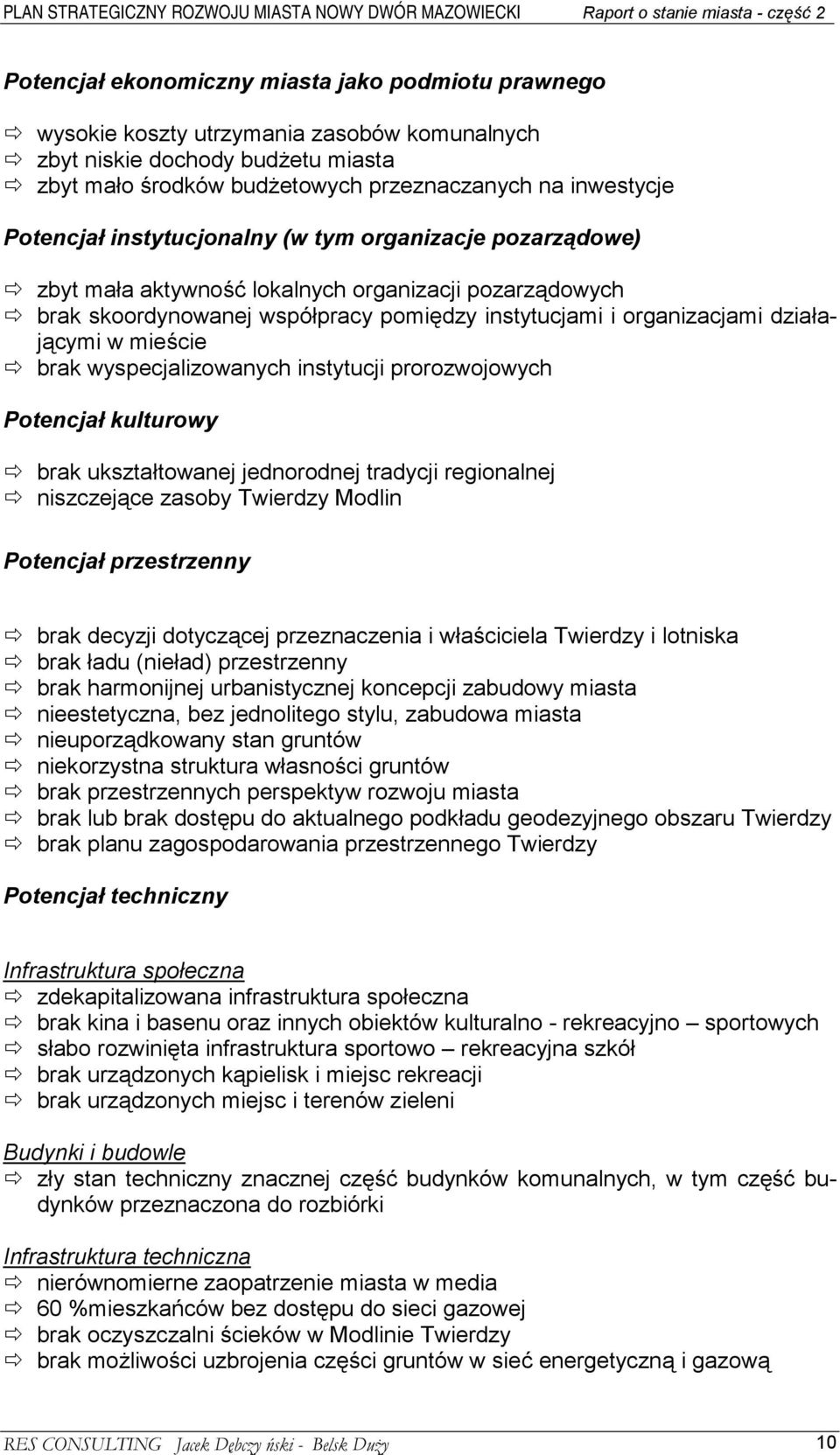 w mieście # brak wyspecjalizowanych instytucji prorozwojowych Potencjał kulturowy # brak ukształtowanej jednorodnej tradycji regionalnej # niszczejące zasoby Twierdzy Modlin Potencjał przestrzenny #