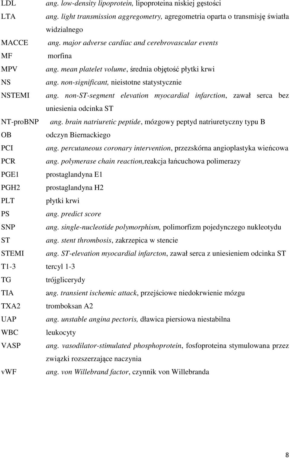 non-st-segment elevation myocardial infarction, zawał serca bez uniesienia odcinka ST NT-proBNP ang. brain natriuretic peptide, mózgowy peptyd natriuretyczny typu B OB odczyn Biernackiego PCI ang.