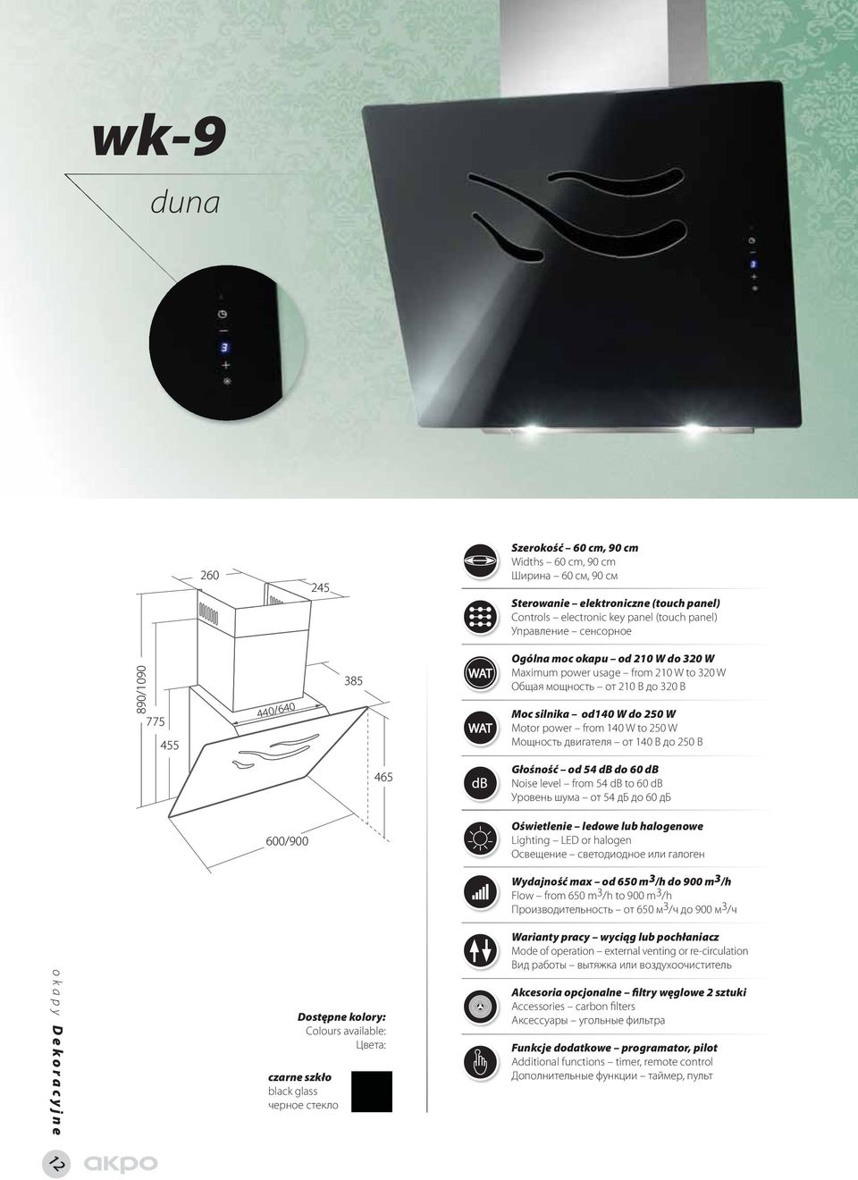 двигателя от 140 B до 250 B 465 Głośność od 54 db do 60 db Noise level from 54 db to 60 db Уpoвeнь шyма от 54 дб до 60 дб 600/900 Oświetlenie ledowe lub halogenowe Lighting LED or halogen Освещение