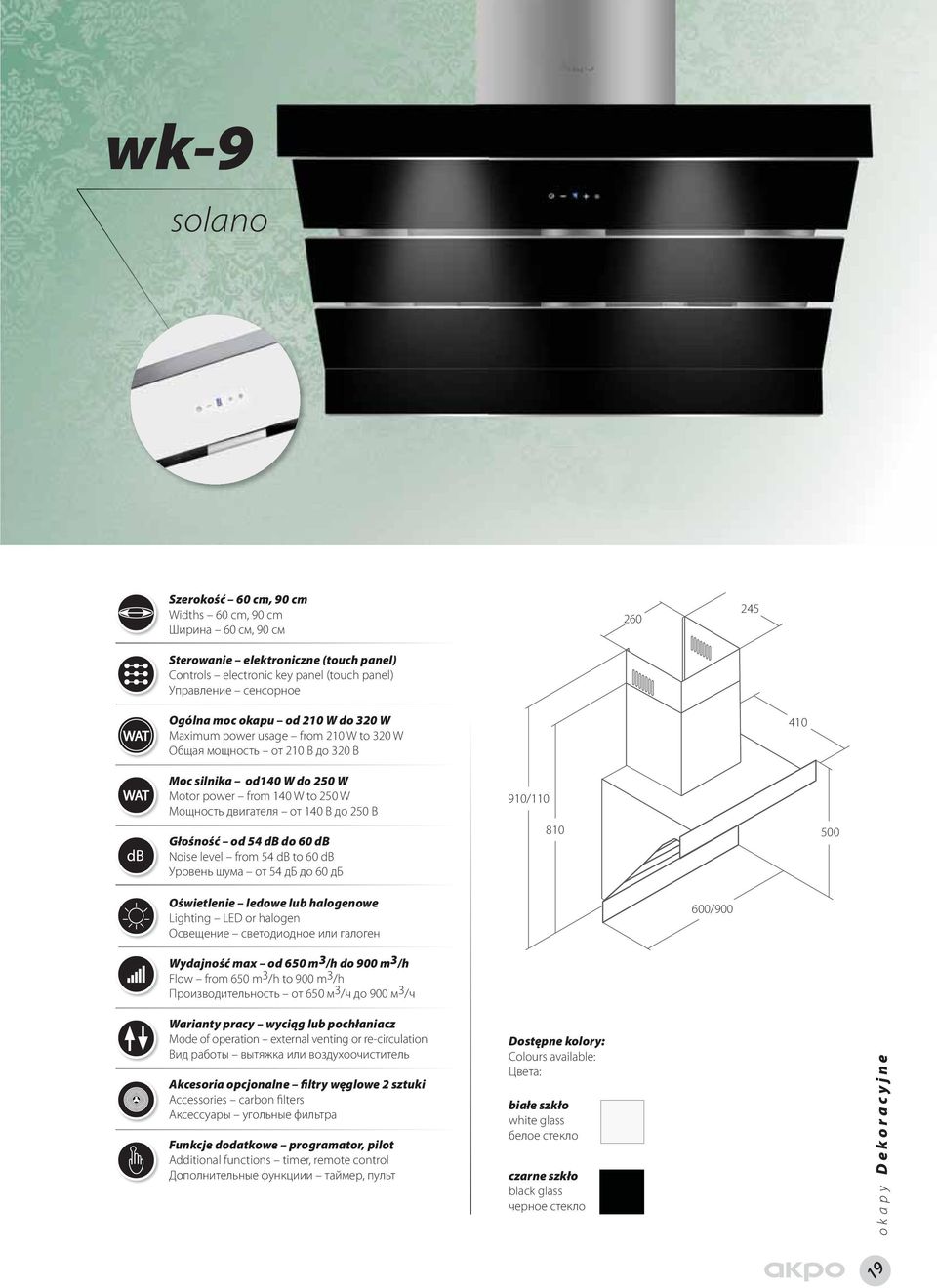 Głośność od 54 db do 60 db Noise level from 54 db to 60 db Уpoвeнь шyма от 54 дб до 60 дб Oświetlenie ledowe lub halogenowe Lighting LED or halogen Освещение светодиодное или галоген 410 910/110 810