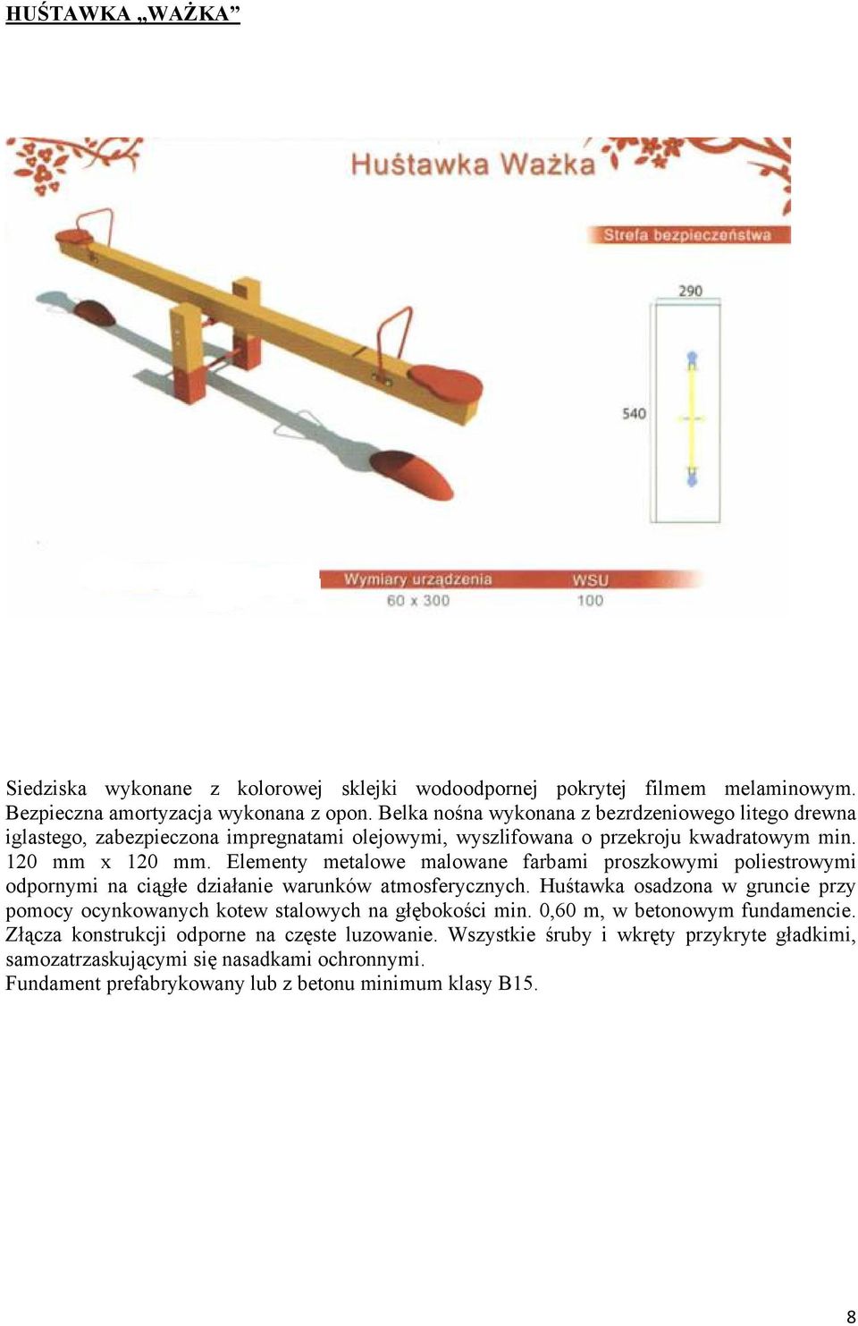 Elementy metalowe malowane farbami proszkowymi poliestrowymi odpornymi na ciągłe działanie warunków atmosferycznych.