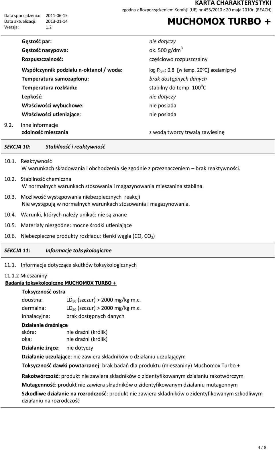 Inne informacje zdolność mieszania częściowo rozpuszczalny log P o/w: 0.8 [w temp. 20ºC] acetamipryd brak dostępnych danych stabilny do temp.