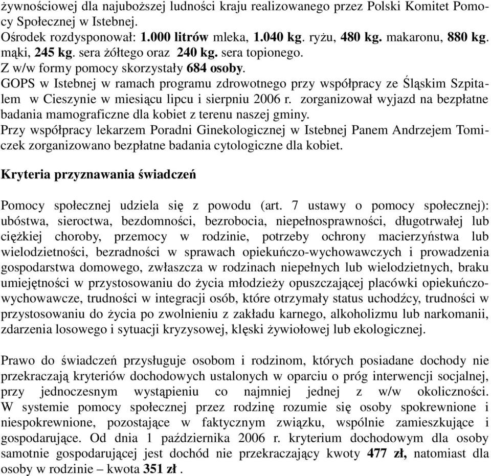 GOPS w Istebnej w ramach programu zdrowotnego przy współpracy ze Śląskim Szpitalem w Cieszynie w miesiącu lipcu i sierpniu 2006 r.