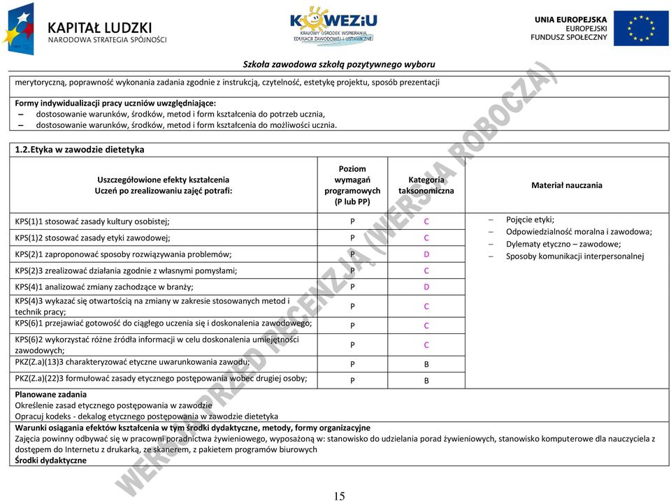 Etyka w zawodzie dietetyka Uszczegółowione efekty kształcenia Uczeń po zrealizowaniu zajęć potrafi: oziom wymagań programowych ( lub ) Kategoria taksonomiczna Materiał nauczania KS(1)1 stosować