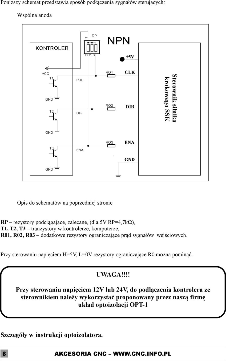 ograniczające prąd sygnałów wejściowych. Przy sterowaniu napięciem H=5V, L=0V rezystory ograniczające R0 można pominąć. UWAGA!