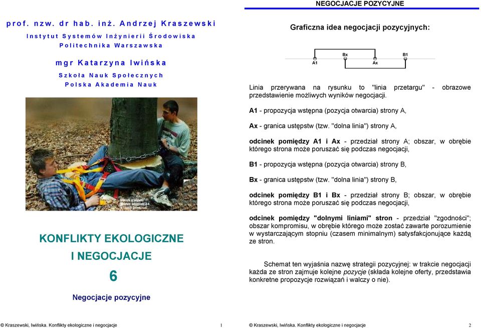 Linia przerywana na rysunku to "linia przetargu" - obrazowe przedstawienie możliwych wyników negocjacji. Ax B1 A1 - propozycja wstępna (pozycja otwarcia) strony A, Ax - granica ustępstw (tzw.