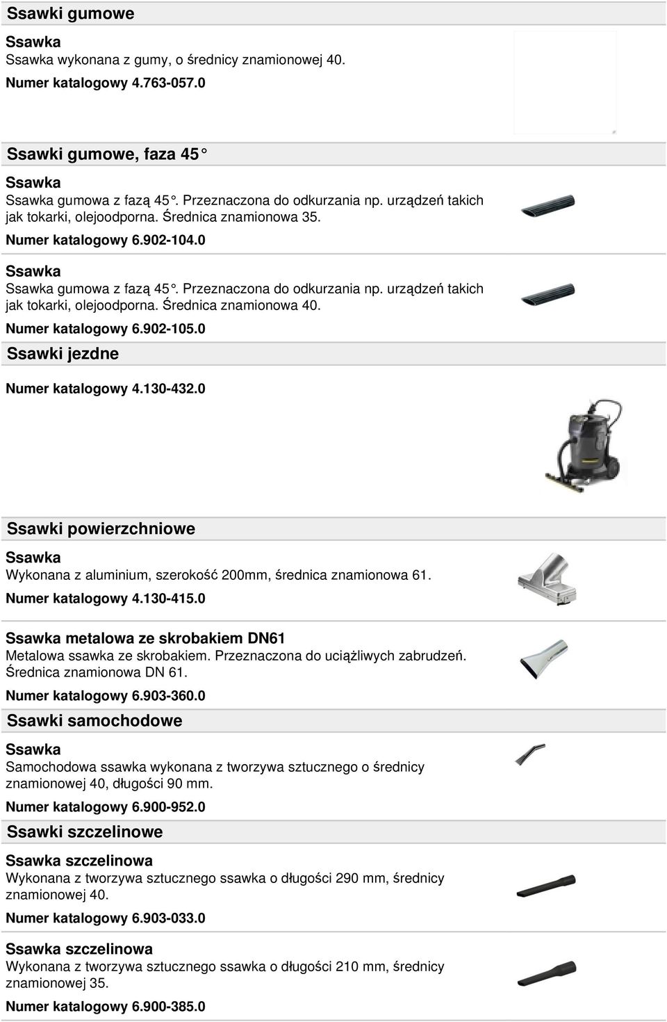 Średnica znamionowa 40. Numer katalogowy 6.902-105.0 Ssawki jezdne Numer katalogowy 4.130-432.0 Ssawki powierzchniowe Wykonana z aluminium, szerokość 200mm, średnica znamionowa 61. Numer katalogowy 4.130-415.