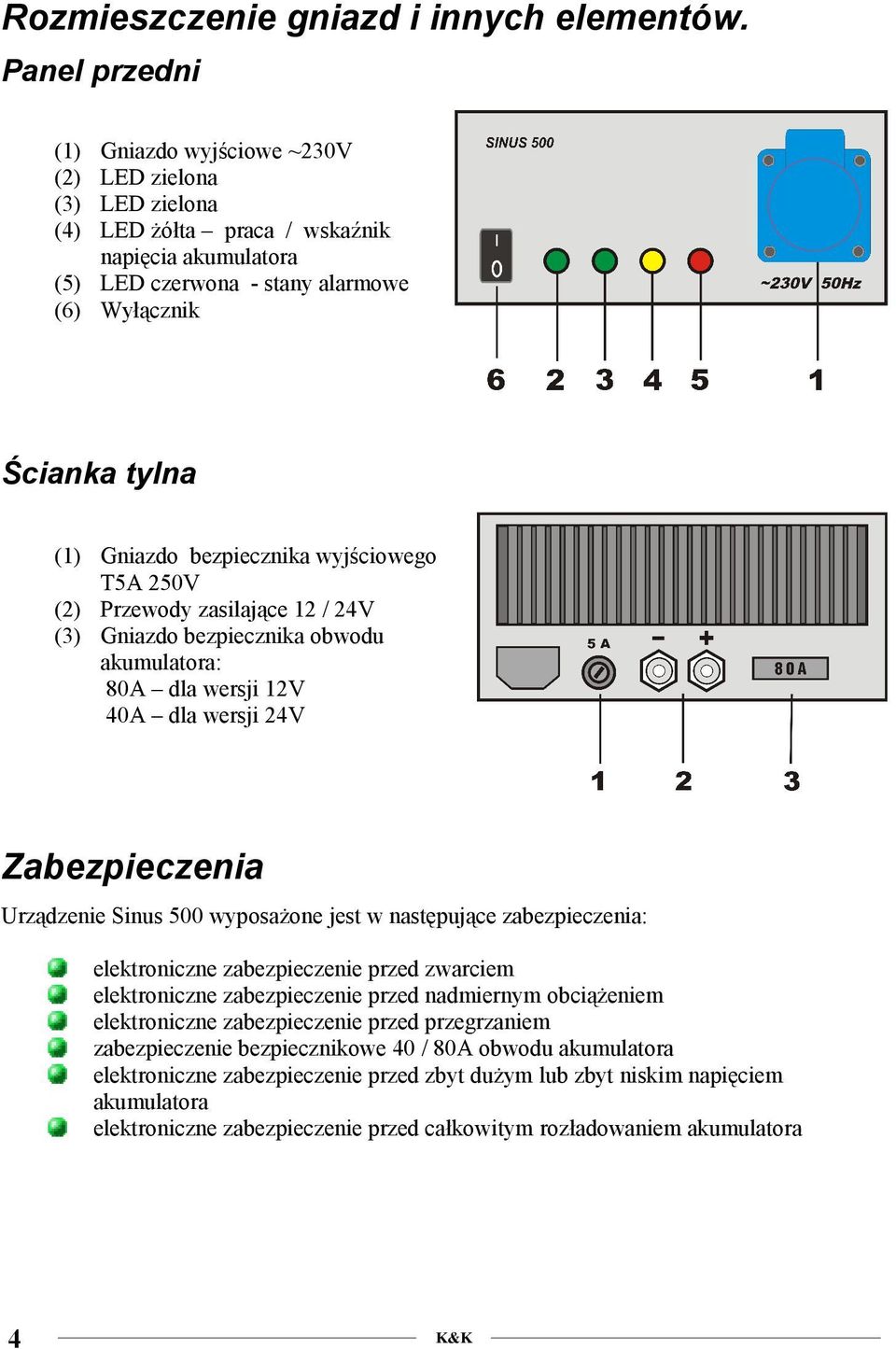 bezpiecznika wyjściowego T5A 250V (2) Przewody zasilające 12 / 24V (3) Gniazdo bezpiecznika obwodu akumulatora: 80A dla wersji 12V 40A dla wersji 24V Zabezpieczenia Urządzenie Sinus 500 wyposażone