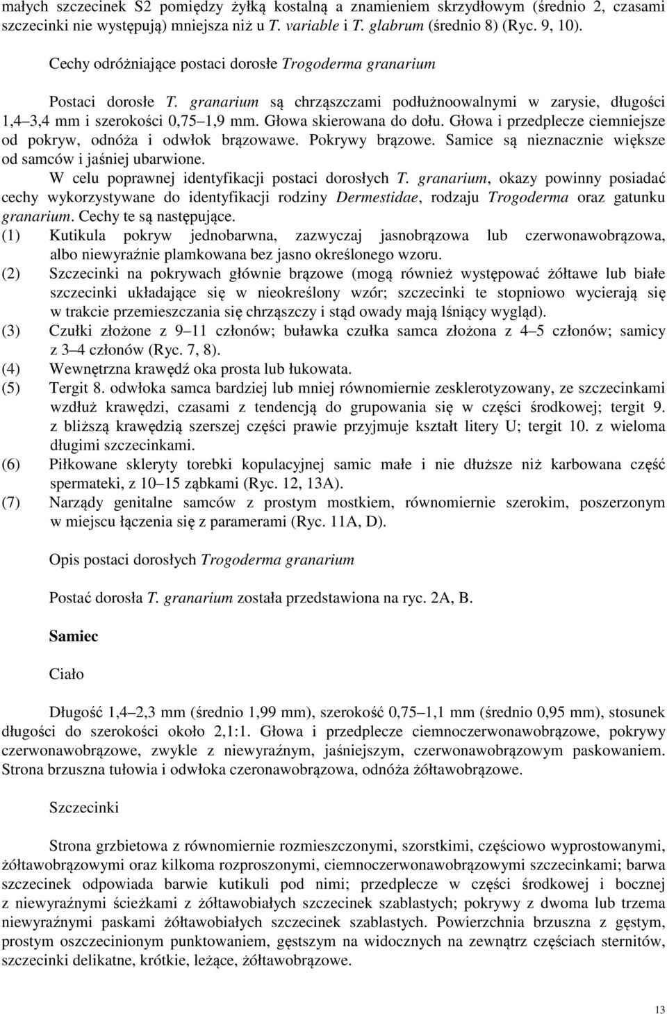 Głowa i przedplecze ciemniejsze od pokryw, odnóża i odwłok brązowawe. Pokrywy brązowe. Samice są nieznacznie większe od samców i jaśniej ubarwione. W celu poprawnej identyfikacji postaci dorosłych T.