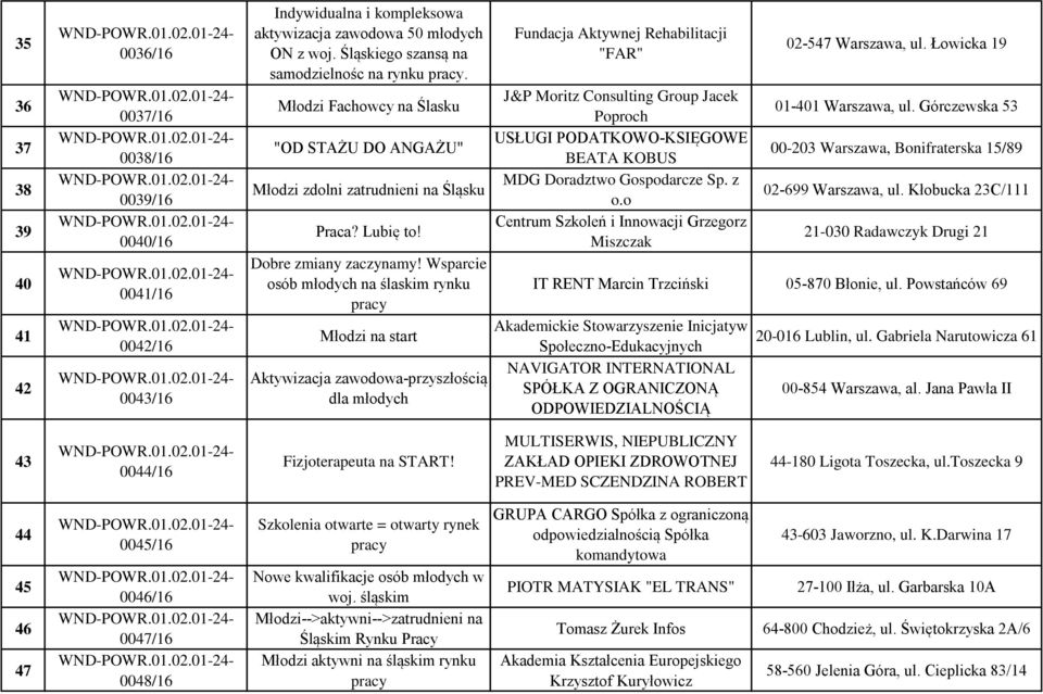 Wsparcie osób młodych na ślaskim rynku pracy Młodzi na start Aktywizacja zawodowa-przyszłością dla młodych Fundacja Aktywnej Rehabilitacji "FAR" J&P Moritz Consulting Group Jacek Poproch USŁUGI
