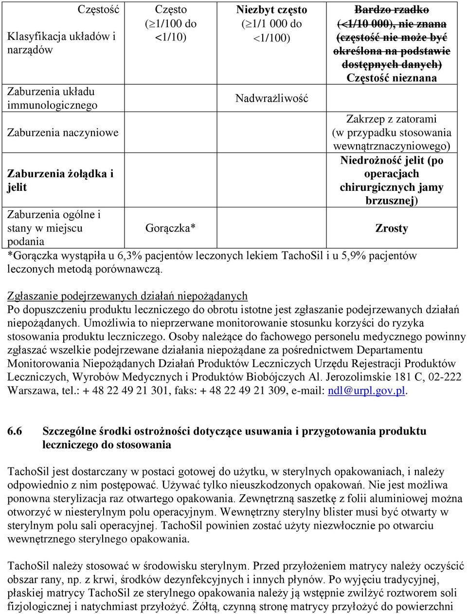 (w przypadku stosowania wewnątrznaczyniowego) Niedrożność jelit (po operacjach chirurgicznych jamy brzusznej) Zrosty *Gorączka wystąpiła u 6,3% pacjentów leczonych lekiem TachoSil i u 5,9% pacjentów