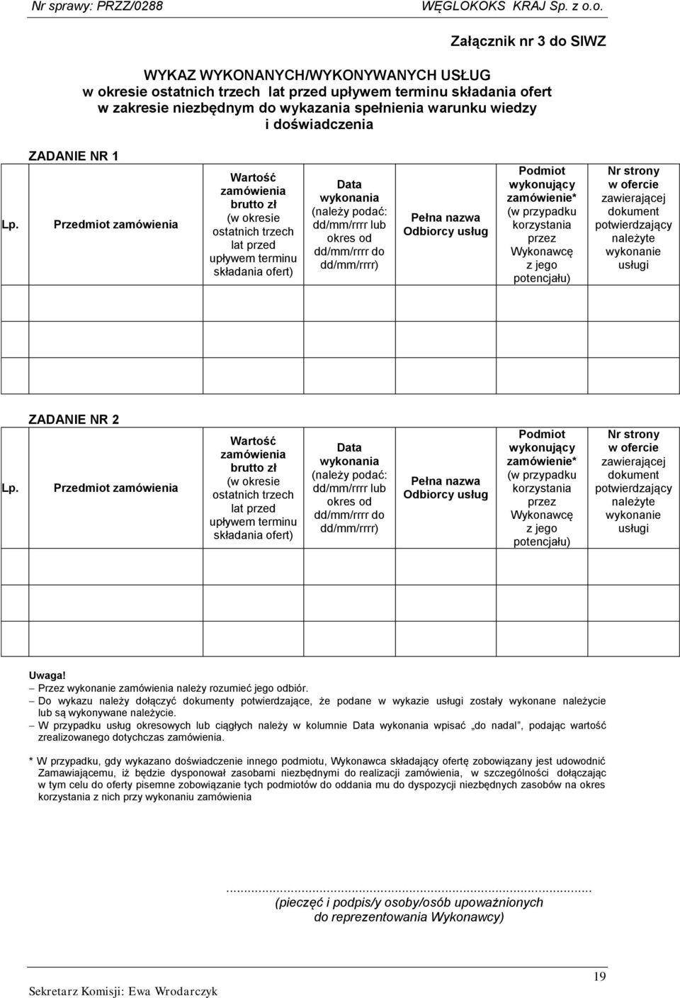 ZADANIE NR 1 Przedmiot zamówienia Wartość zamówienia brutto zł (w okresie ostatnich trzech lat przed upływem terminu składania ofert) Data wykonania (należy podać: dd/mm/rrrr lub okres od dd/mm/rrrr