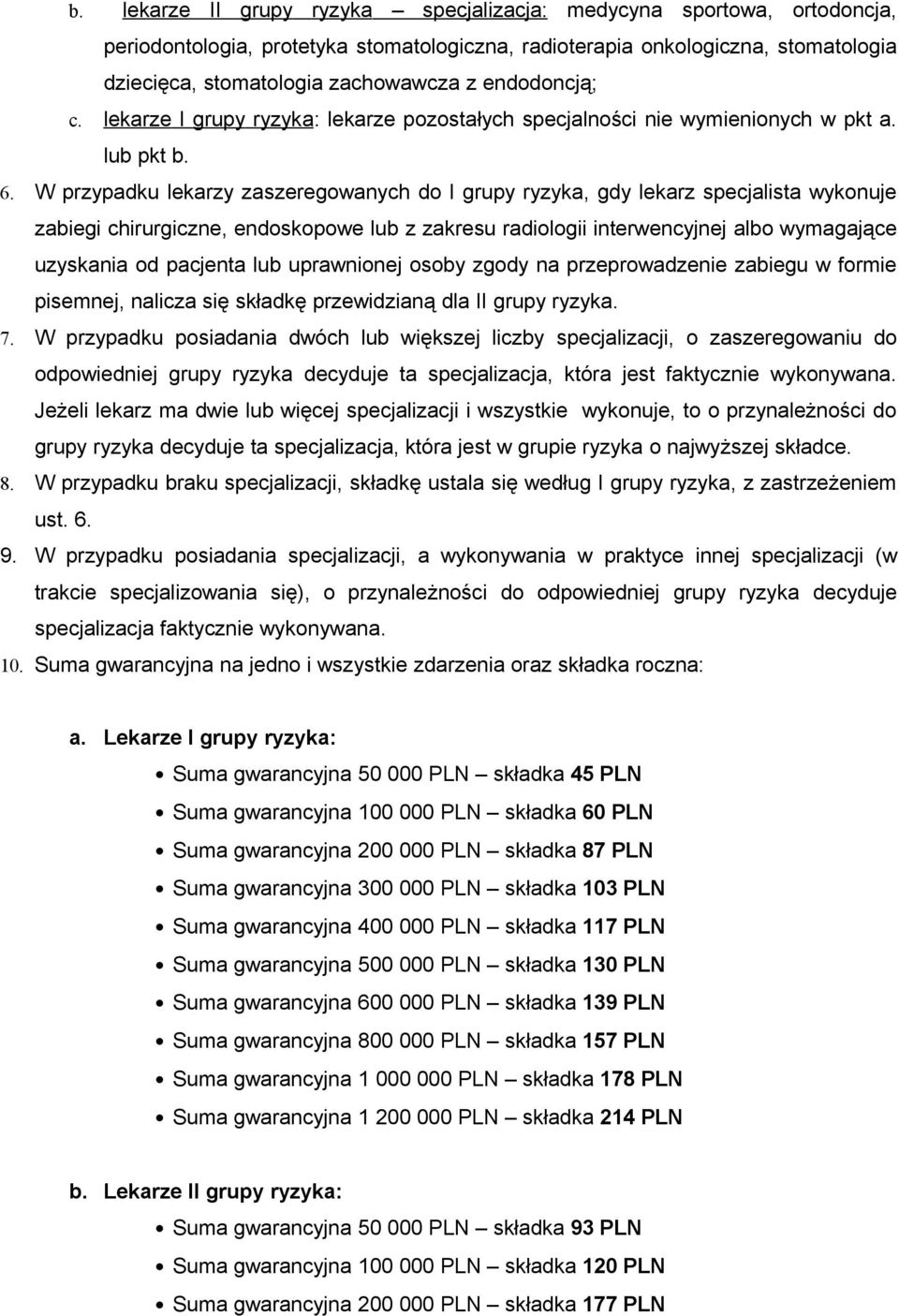 W przypadku lekarzy zaszeregowanych do I grupy ryzyka, gdy lekarz specjalista wykonuje zabiegi chirurgiczne, endoskopowe lub z zakresu radiologii interwencyjnej albo wymagające uzyskania od pacjenta