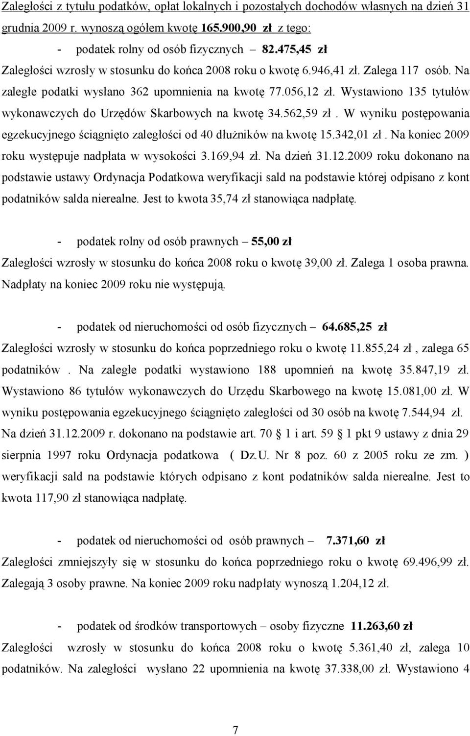 Wystawiono 135 tytułów wykonawczych do Urzędów Skarbowych na kwotę 34.562,59 zł. W wyniku postępowania egzekucyjnego ściągnięto zaległości od 40 dłużników na kwotę 15.342,01 zł.