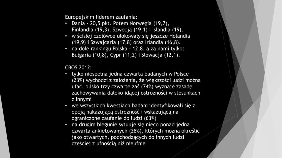 CBOS 2012: tylko niespełna jedna czwarta badanych w Polsce (23%) wychodzi z założenia, że większości ludzi można ufać, blisko trzy czwarte zaś (74%) wyznaje zasadę zachowywania daleko idącej