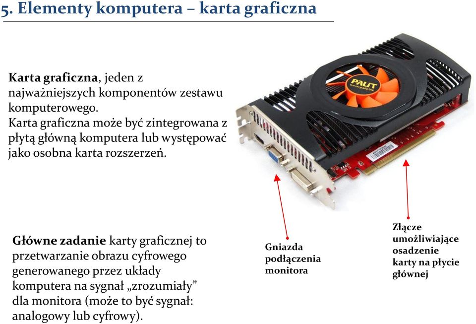 Główne zadanie karty graficznej to przetwarzanie obrazu cyfrowego generowanego przez układy komputera na sygnał