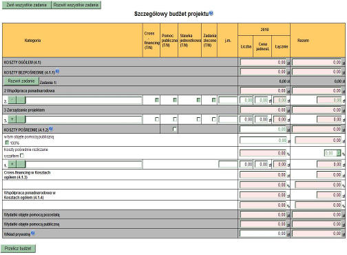4.1 Informacje ogólne dotyczące sporządzenia budżetu Wszystkie zadania wymienione w części 3.3 Zadania wniosku (zakładka w generatorze Charakterystyka projektu ).