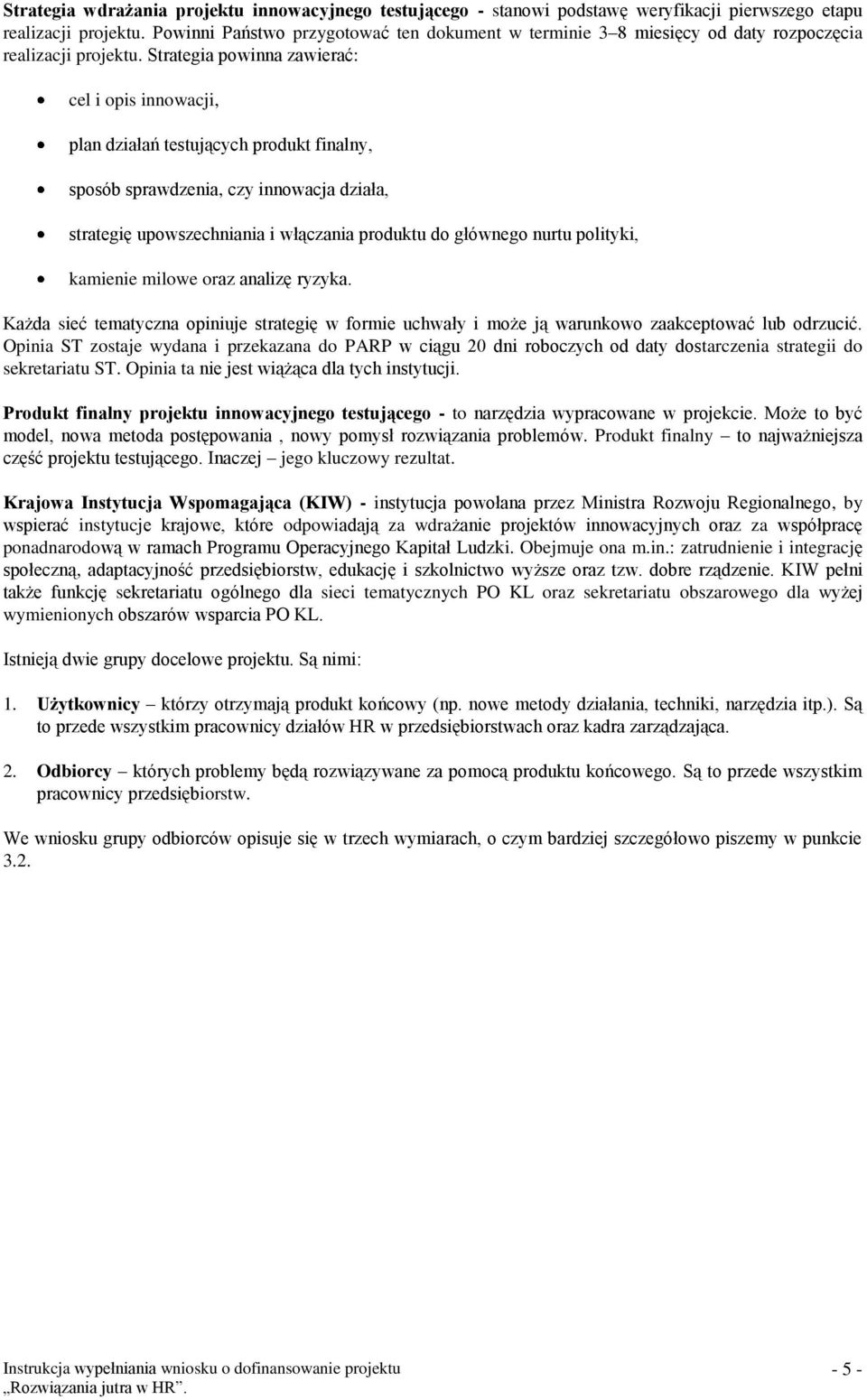 Strategia powinna zawierać: cel i opis innowacji, plan działań testujących produkt finalny, sposób sprawdzenia, czy innowacja działa, strategię upowszechniania i włączania produktu do głównego nurtu
